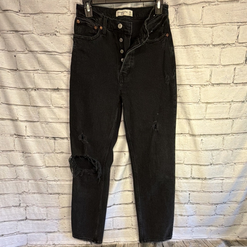 ABERCROMBIE & FITCH The Dad High Rise Black Denim Distressed Jeans SIZE 25/0